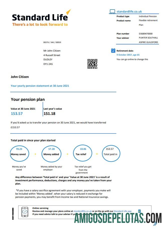 Comprovante de residência padrão do Reino Unido Declaração de pensão em formato Excel e PDF (.xls e .pdf) amostra